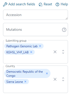 Image showing the search bar in Pathoplexus, with both 'Pathogen Genomic Lab' and 'KGHSL_VHF_LAB' searched as submitting group, and 'Democratic Republic of the Congo' and 'Sierra Leone' searched as the country