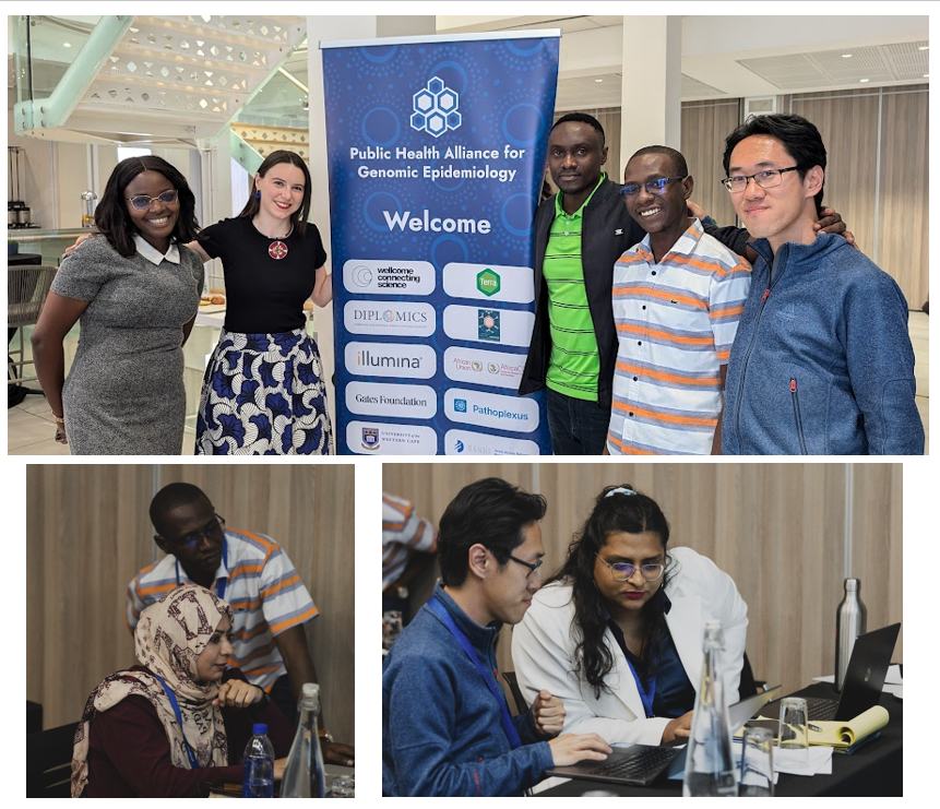 A collage image, showing first a photo of the workshop coordinators Arthur, Stephen, Patricia, Emma, and Chaoran next to a PHA4GE-Workshop poster. Then showing Stephen helping a participant, and then Chaoran helping a participant