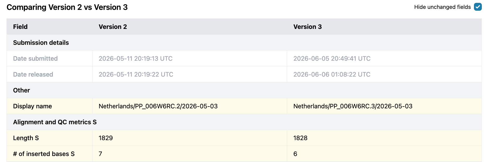 An image showing an example of the new 'Compare versions' being used to compare version 2 & 3 of a sequence