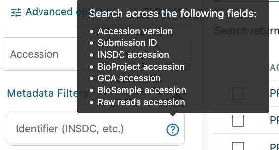 An image showing Pathoplexus' new multi-field search box that users can use to search across different types of identifiers